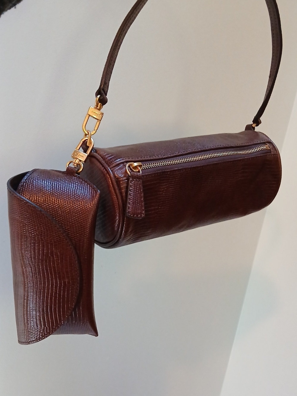 STAUD Susy Lizard Embossed Leather Barrel Shoulder Bag